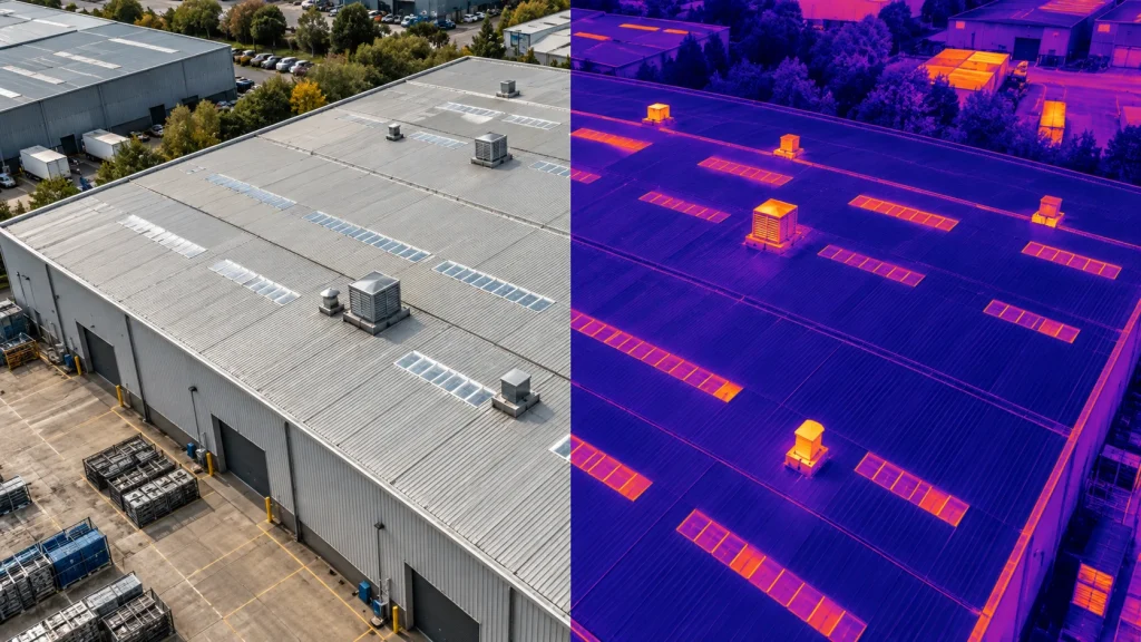 Illustrative side-by-side aerial and false-colour thermal views of an industrial roof