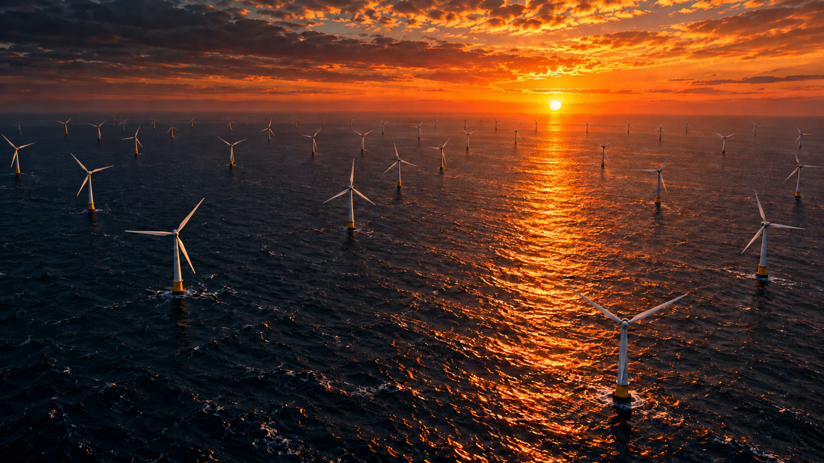 Illustrative aerial view of an offshore wind farm at sunset